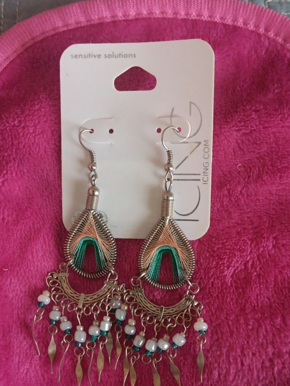 Icing Green and Silver Threaded Teardrop Fringe Earrings